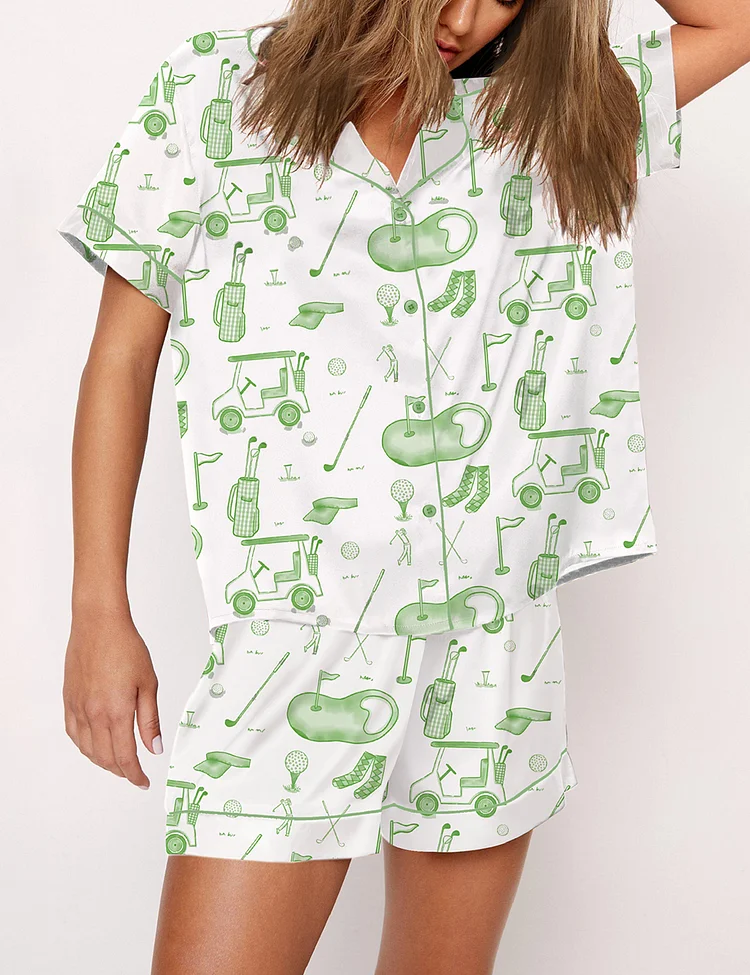 Women’s Watercolor Green Golf Toile Print Short Sleeve Satin Pajama Set