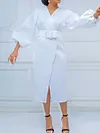 Simple Lantern Sleeve V-Neck Belted Solid Color Midi Dress
