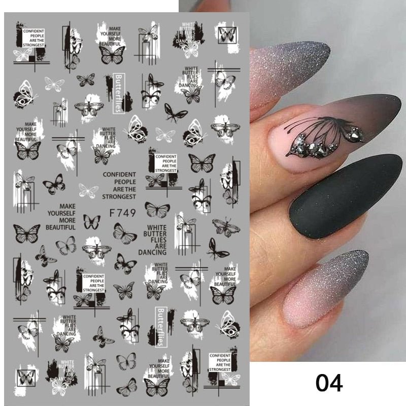 Black White Butterfly 3D Nails Sticker Geometry Decals Flower Gold DIY Decals Designs For Nail Art Manicures Decorations Salon