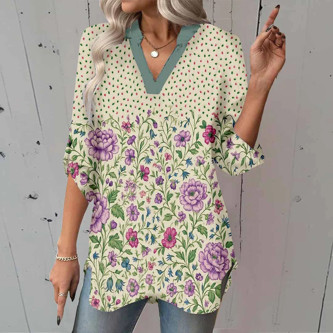 Women Floral, Beige, Purple DZGA0406 3/4 Sleeve V-neck Printed Graphic Button Tops
