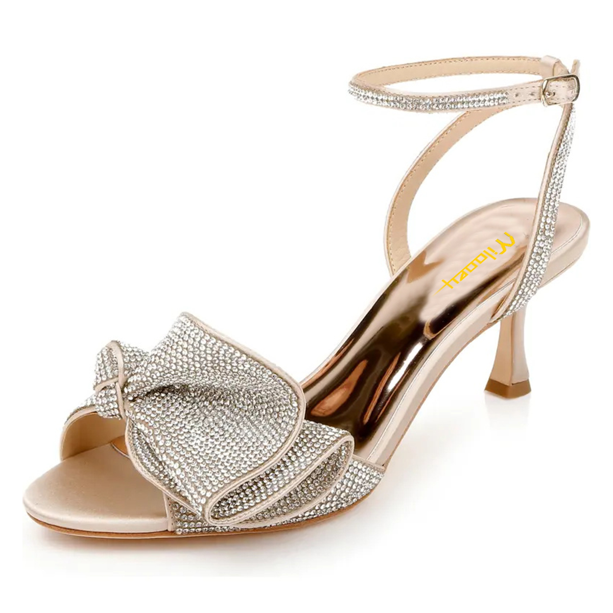 Nude Round Toe Three-Dimensional Ruffle Rhinestone Wedding Shoes Nicepairs