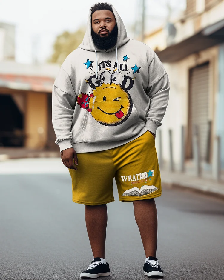 Men's Plus Size Hip Hop Smiley Star Graffiti Hoodie Shorts Two Piece Set