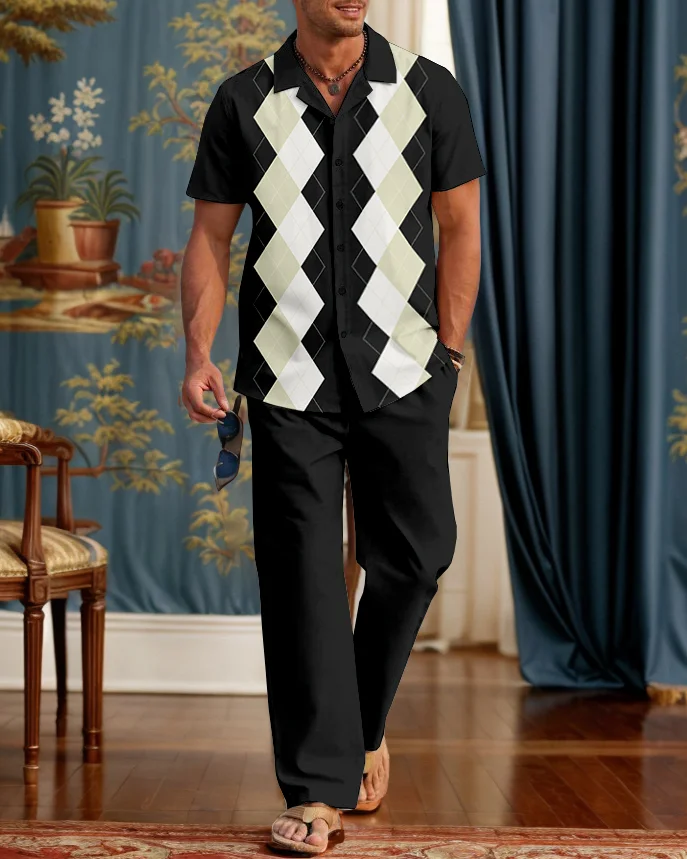 Suitmens Men's Classic Bowling Shirt Contrasting Geometric Stripes Walking Suit