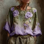 Vintage Pink Roses Forest Gradient Linen Tunic - Image 3