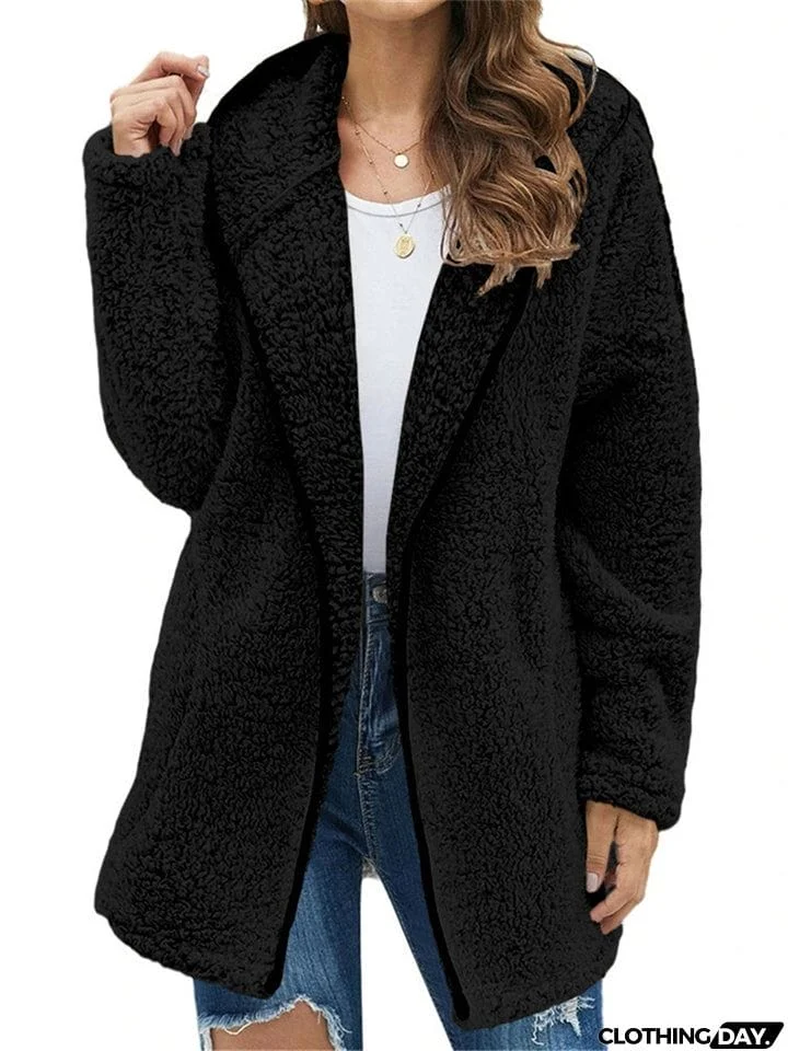 Ladies Casual Solid Color Hooded Plush Fleece Coats