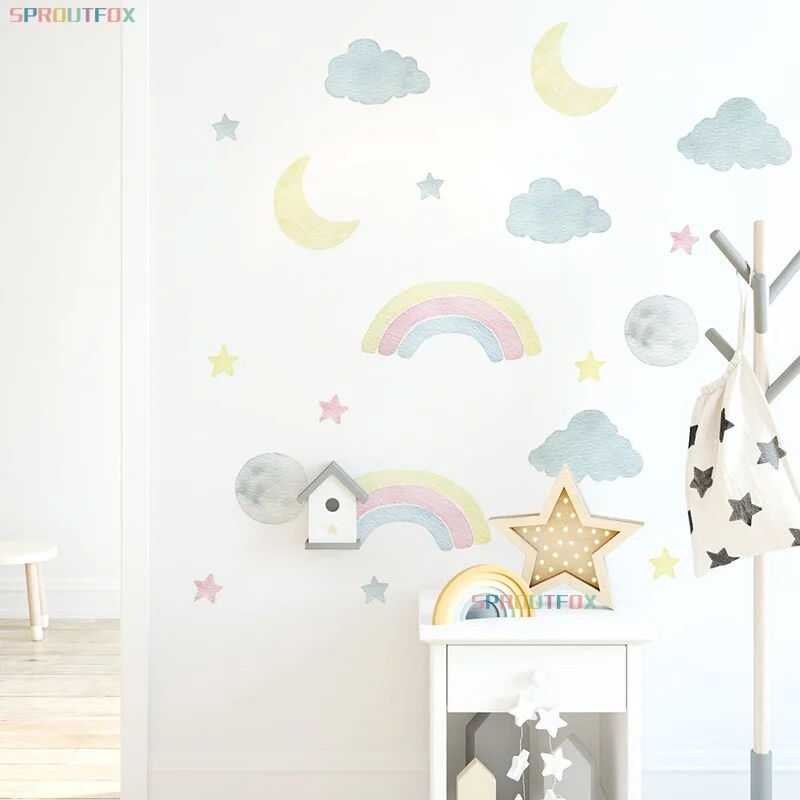Colorful Rainbow Cartoon Moon Clouds Stars Wall Stickers for Baby Room Kids Room Modern Decoration Vinyl Nursery Decals