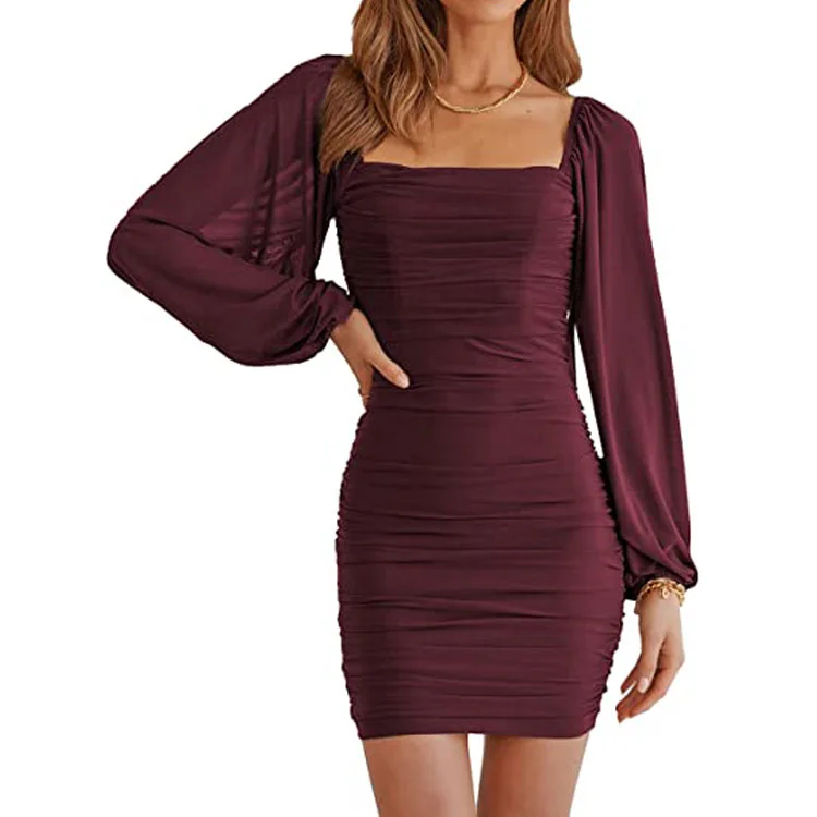 Red Side Shirring Ruched Puff Sleeve Bodycon Mini Dress