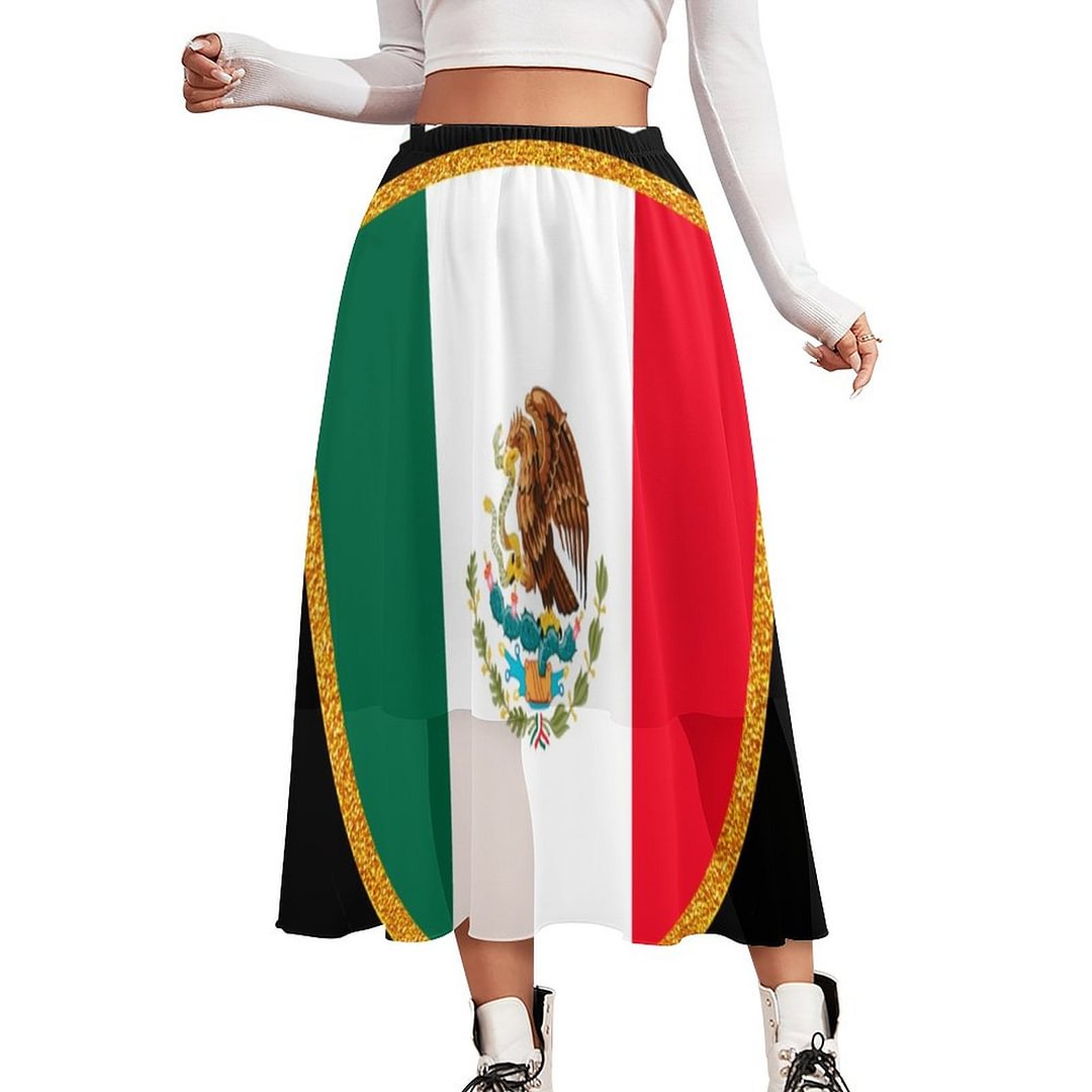 Mexico Flag Women Double-Layered Long Beach Skirt Loose Elastic Waistband Chiffon Maxi Skirts