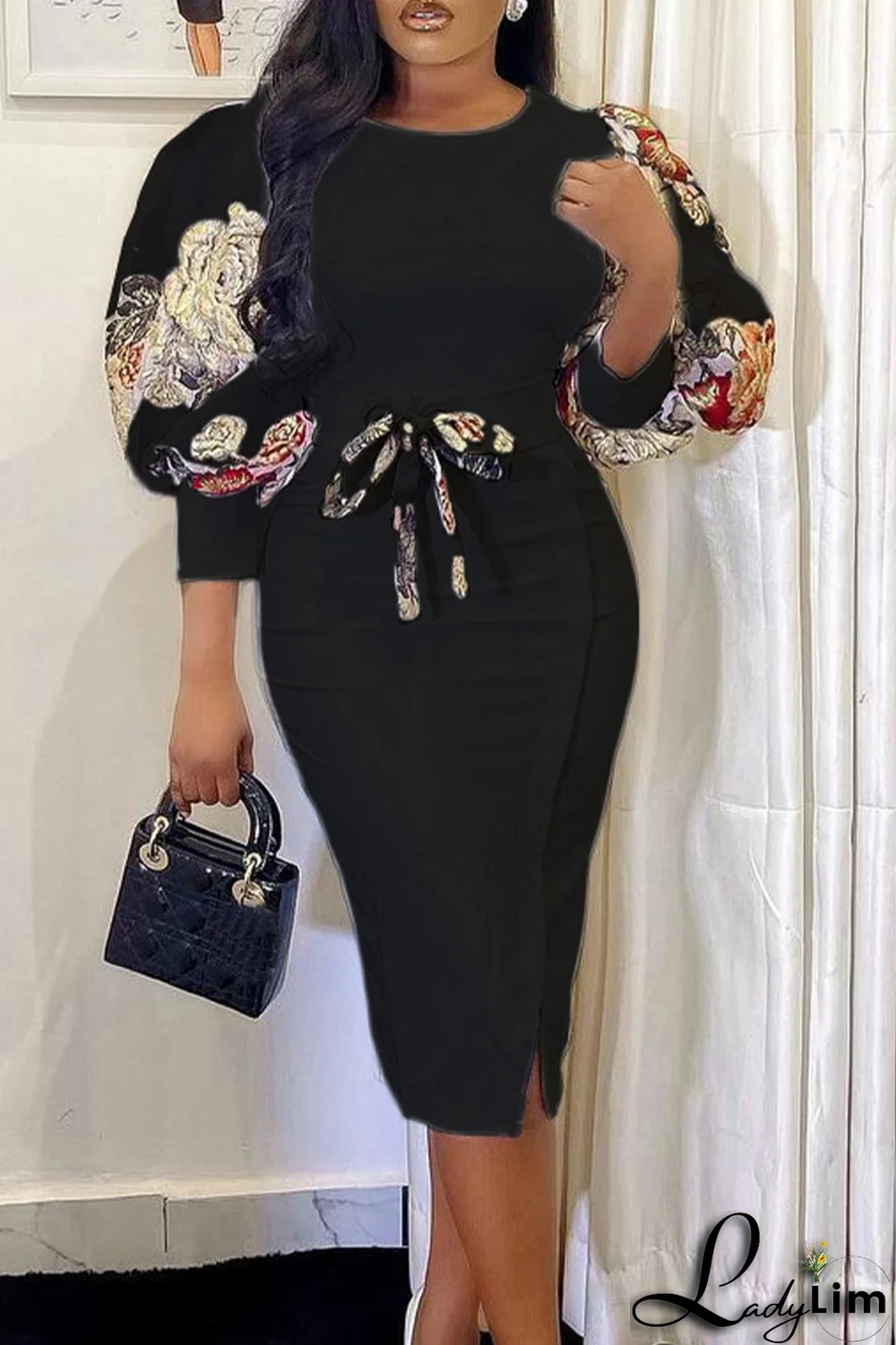 Royal Blue Fashion Print Patchwork O Neck Pencil Skirt Dresses