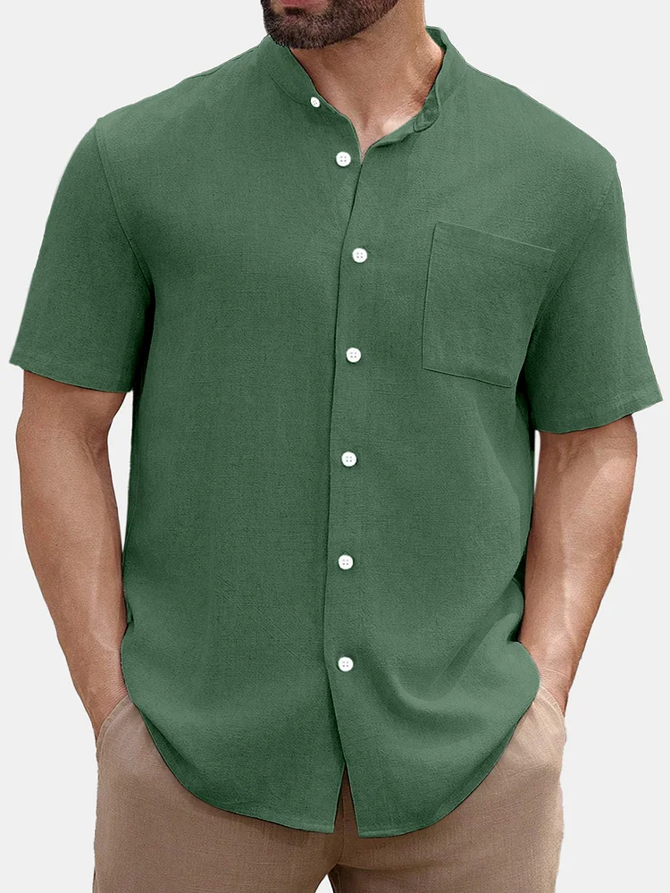 Men's Summer Comfortable Everyday Solid Color Stand Collar Short Sleeve Shirt