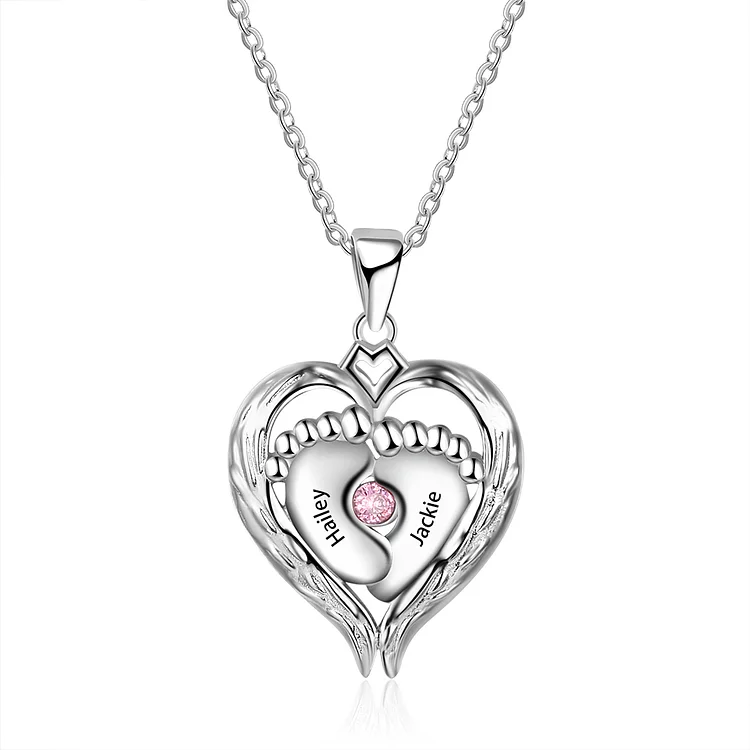 S925 Silber Gravur 2 Namen Babyfüße Herz Halskette mit 1 Geburtsstein