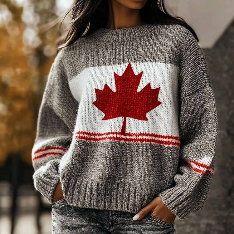 VChics Women's Canadian Maple Leaf Cozy Knit Jacquard Sweater
