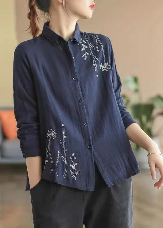 Navy Blue Embroideried Floral Cotton Shirt Spring