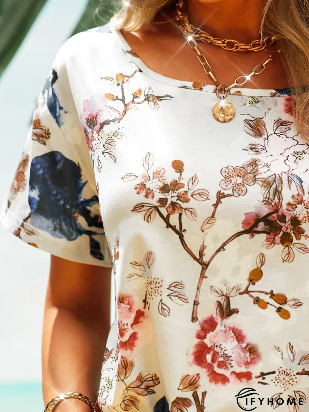 Cotton Printed Casual Crew Neck Top | IFYHOME