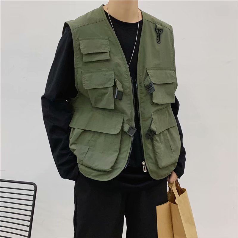 Japanese functional tactical tooling multi-pocket vest men trendy thin section net red vest