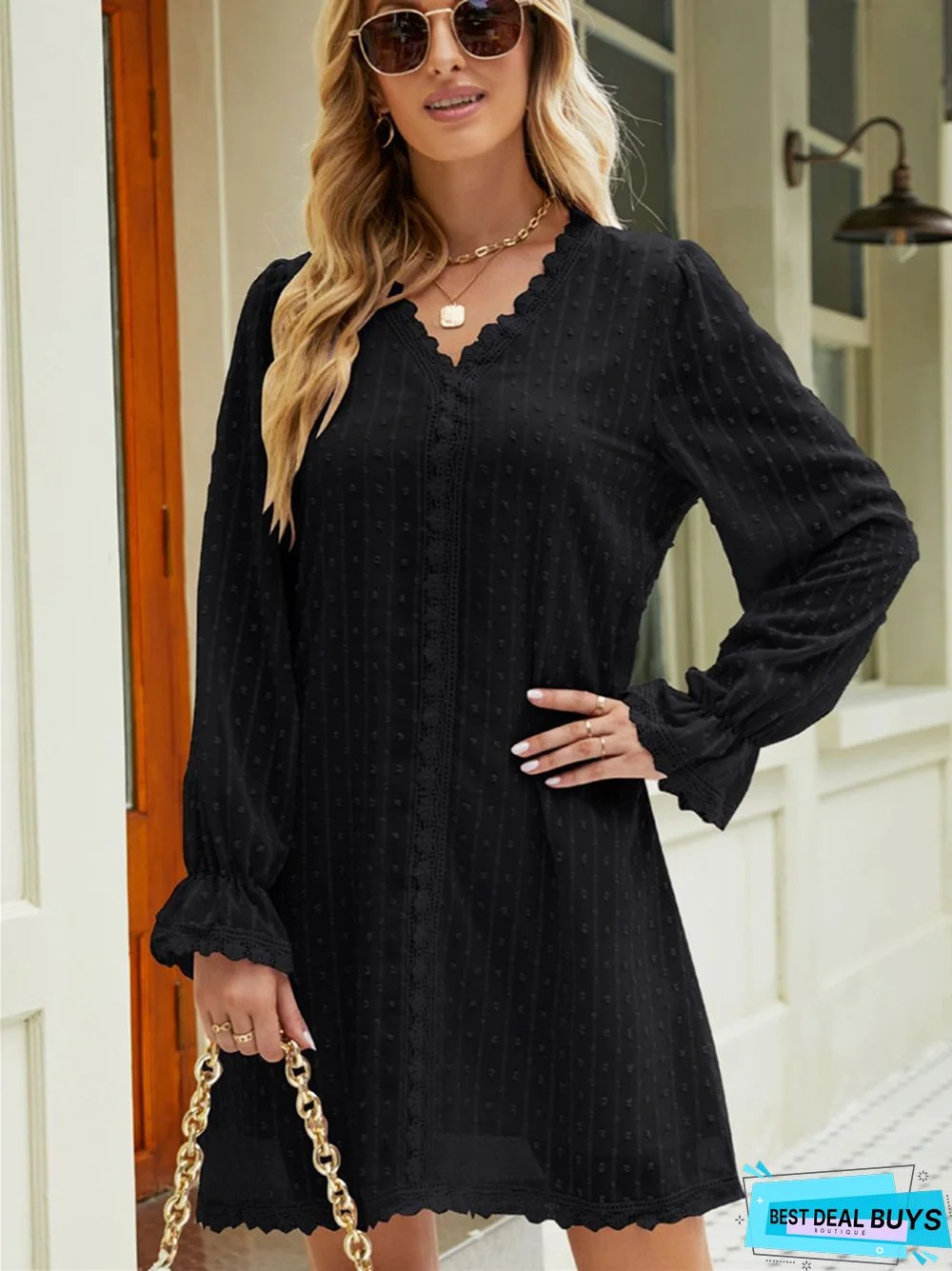 Casual Long Sleeve Solid Color Lace Chiffon V-Neck Dress