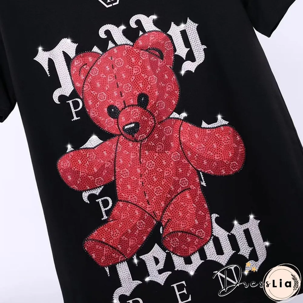 Philipp Plein Men Cotton Round Neck T-Shirt Casual PP Rhinestone Bear Top