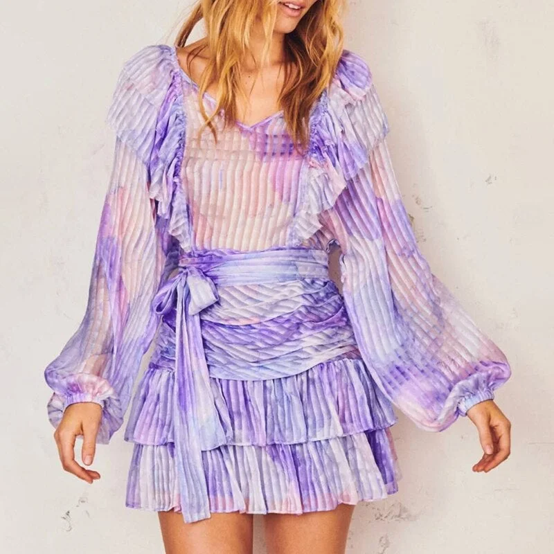 Causal Print Women Dress V Neck Lantern Long Sleve High Waist Lace Up Bow Ruffles Ruched Hit Color Dresses Female