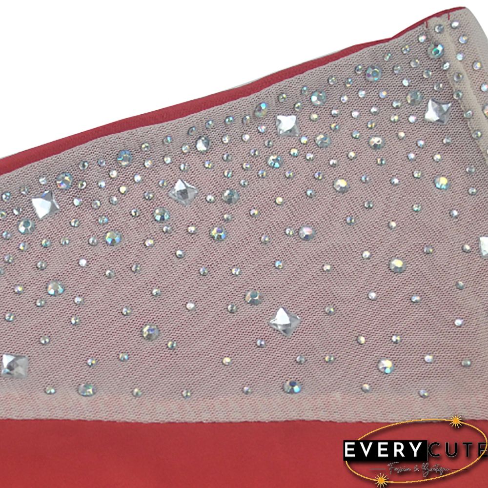 Red Mesh & Rhinestones & Feather Detail Bodycon Dress