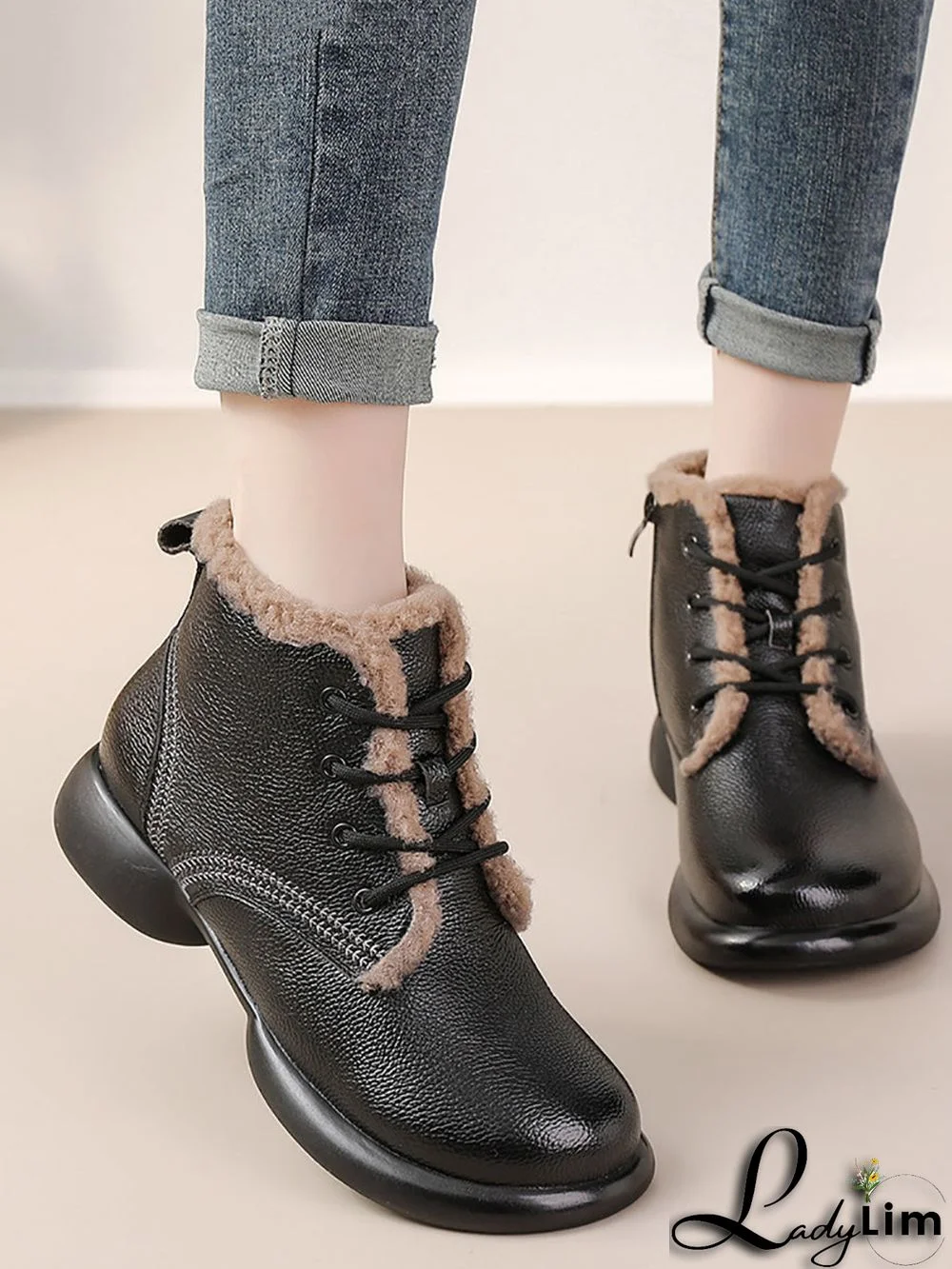 Women Vintage Solid Leather Fleece-lined Boots