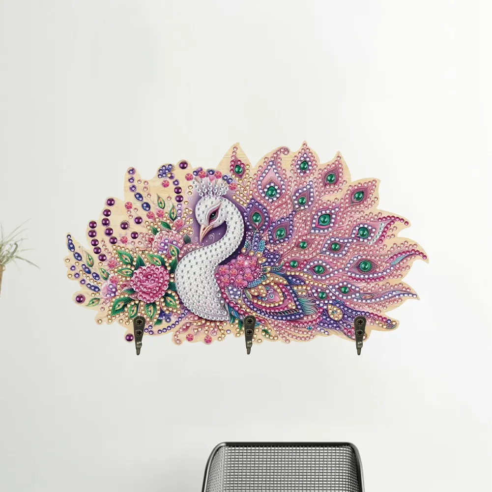 Wooden Pink Feather Peacock Diamond Painting Craft Wall Hooks A Row of 3 Hooks