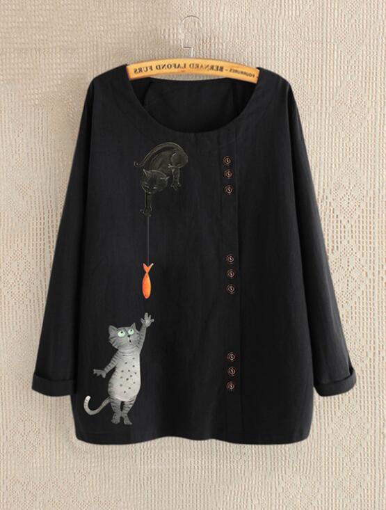 Women Vintage Cartoon Printed Cotton Linen Tops