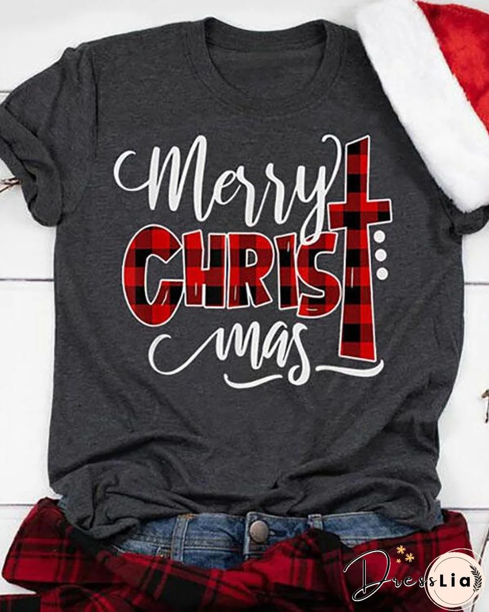 Women Casual Buffalo Plaid Merry Christmas T-Shirt