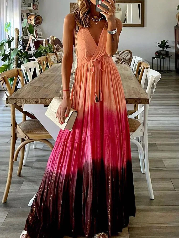 UForever21 Summer Tie-Dye Printed Patchwork Pleated Dress Women  V-Neck Loose Party Dresses Elegant Casual Drawstring Waist Sling Dress