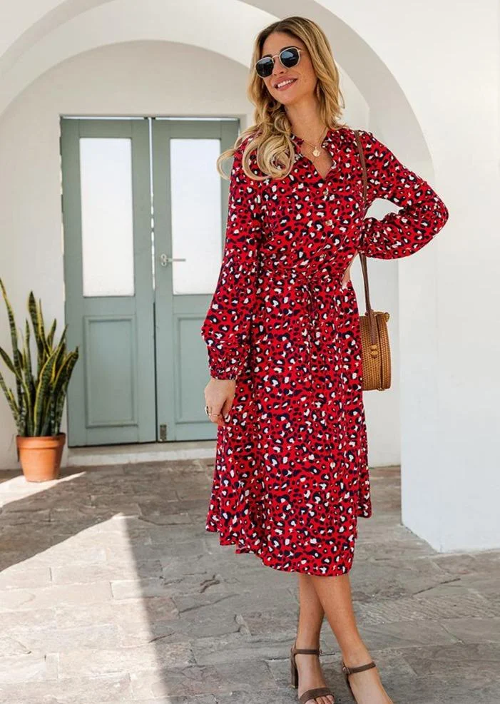 Red Leopard Printed Maxi Dress with Long Sleeves丨August Lemonade