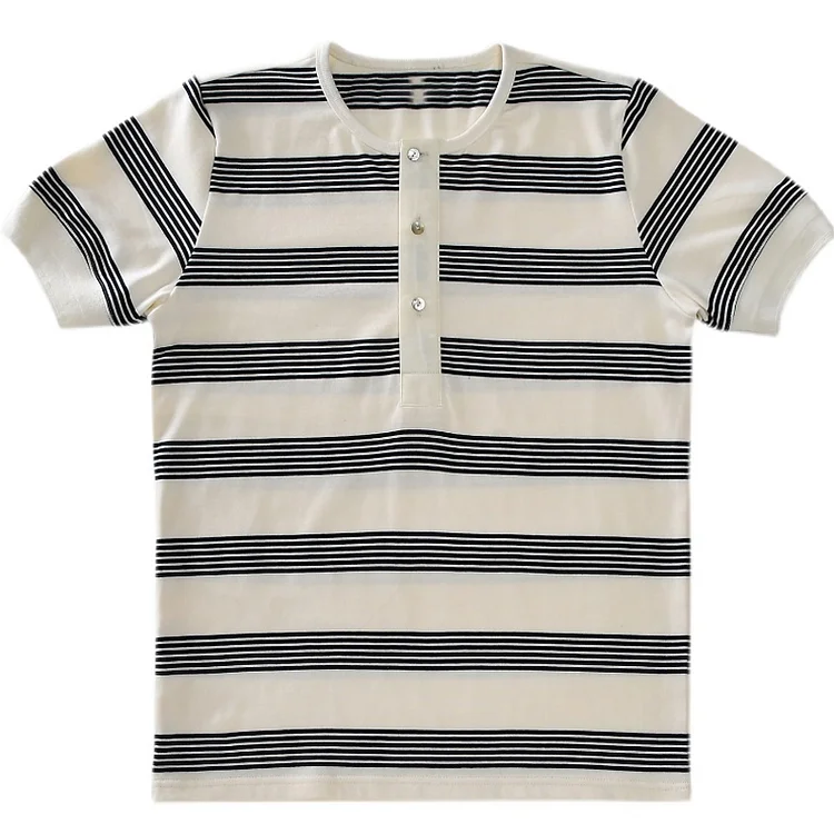 Vintage Striped Heavy Henley Collar Short-Sleeved T-Shirt