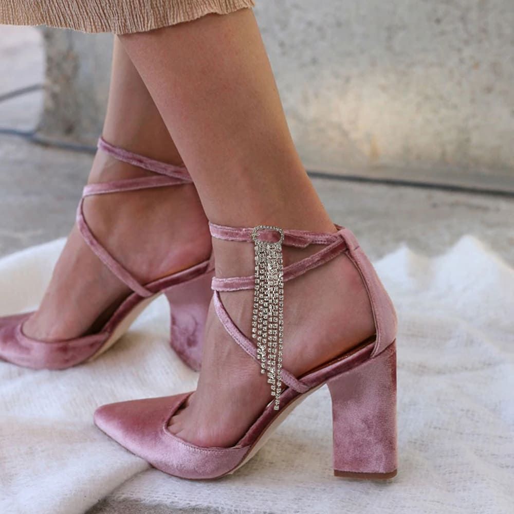 Pink Velvet Pointed Toe Strappy Pumps Heels with Rhinestone Tassels Nicepairs