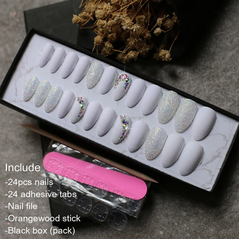 Matte glitter art nails box Match press on nails Burgundy AB rhinestone fasle nails stiletto Custom nails white blue pink-Nail Inspo