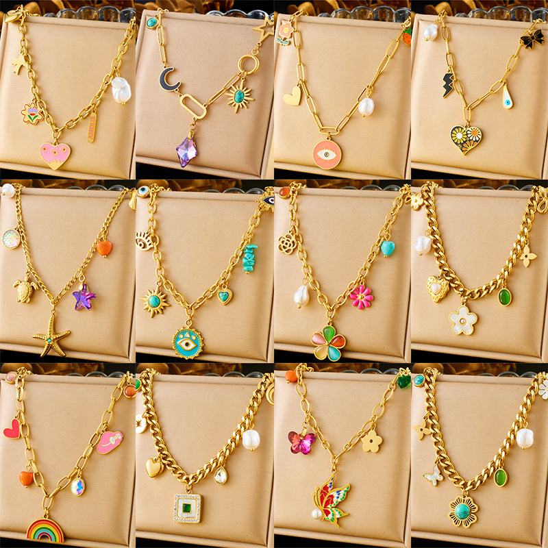 Fashion Colorful Dopamine Oil Drop Rainbow Flower Accessories Pendant Eye Butterfly Chain Stainless Steel Necklace