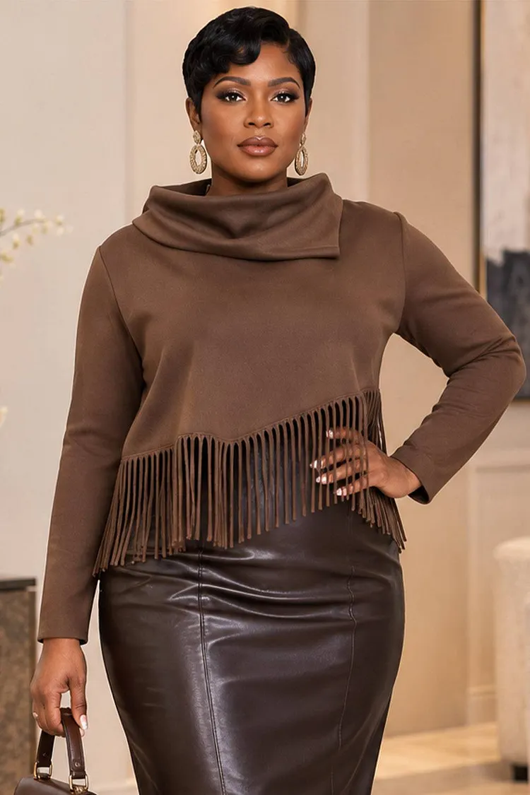 Xpluswear Design Plus Size Daily Casual Brown Asymmetrical Collar Long Sleeve Strappy Blouses [Pre-Order] 2024 - Xpluswear