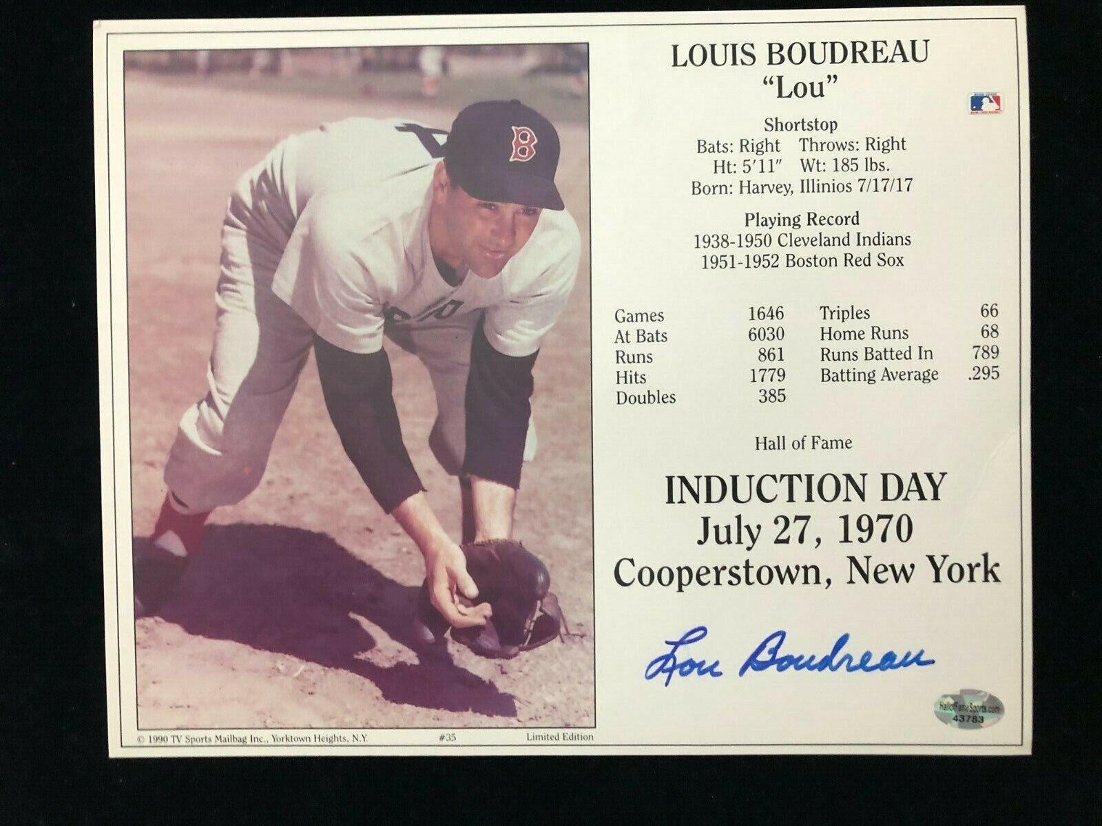 Lou Boudreau Signed Autographed HOF Photo Poster paintingcard COA - Cleveland Indians - Red Sox