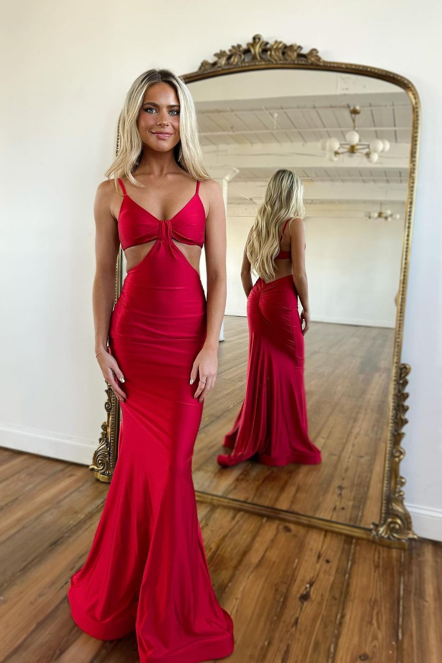 Ovlias Red Simple Prom Dress Long Spaghetti Strap Mermaid V Neck Backless YL0118
