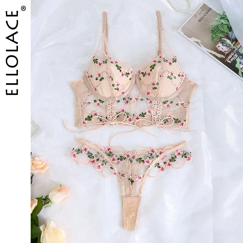 Billionm Fancy Lingerie Sexy Underwear Set Women 2 Piece Fairy Floral Embroidery Delicate Brief Lace Up Transparent Bra Intimate
