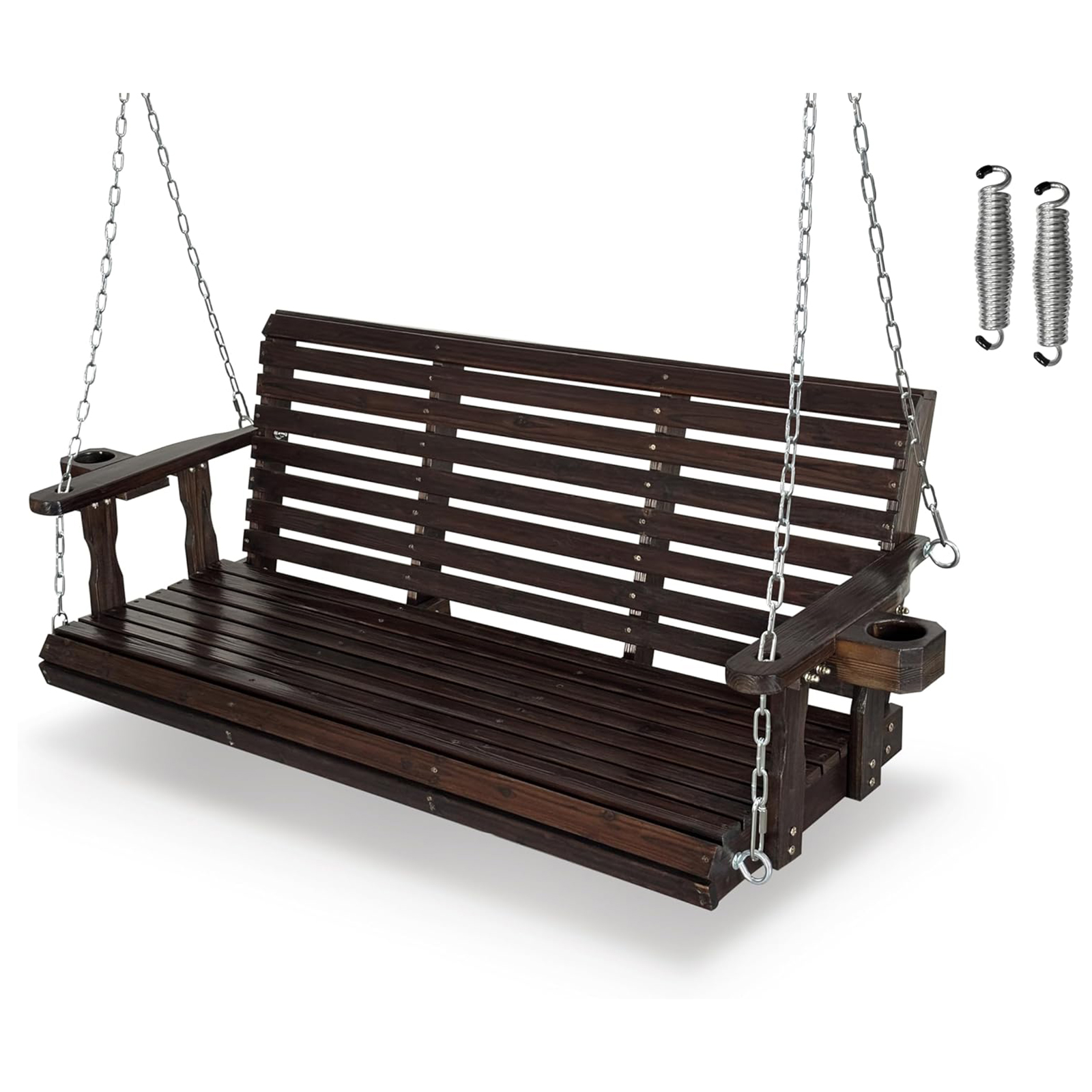 Wooden Deep Brown Porch Swing with Cup Holder - 5FT Extra Large