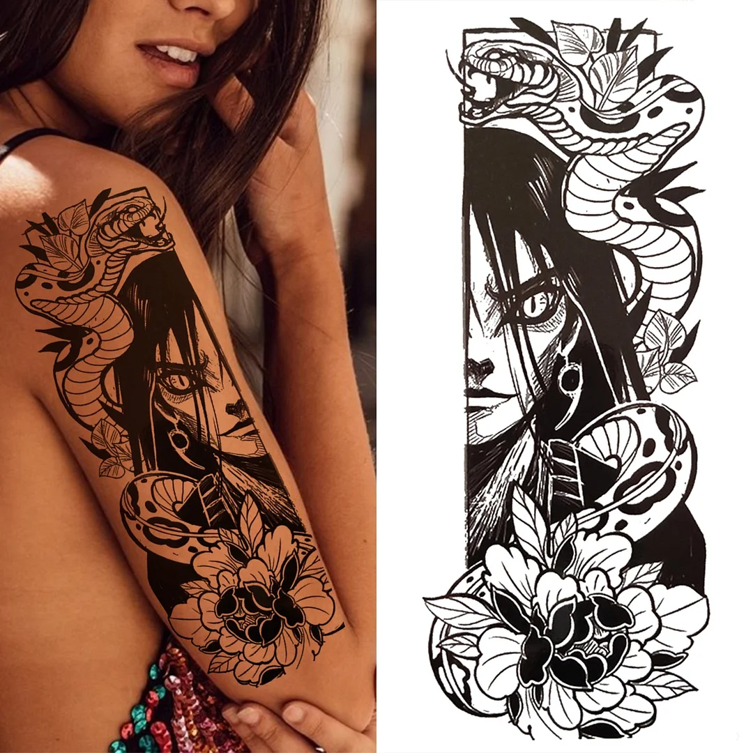 3D Machinery Temporary Tattoos For Women Men Adult Black Flower Compass Tattoo Sticker Fake Triangle Eye Clock Tatoos Leg Body