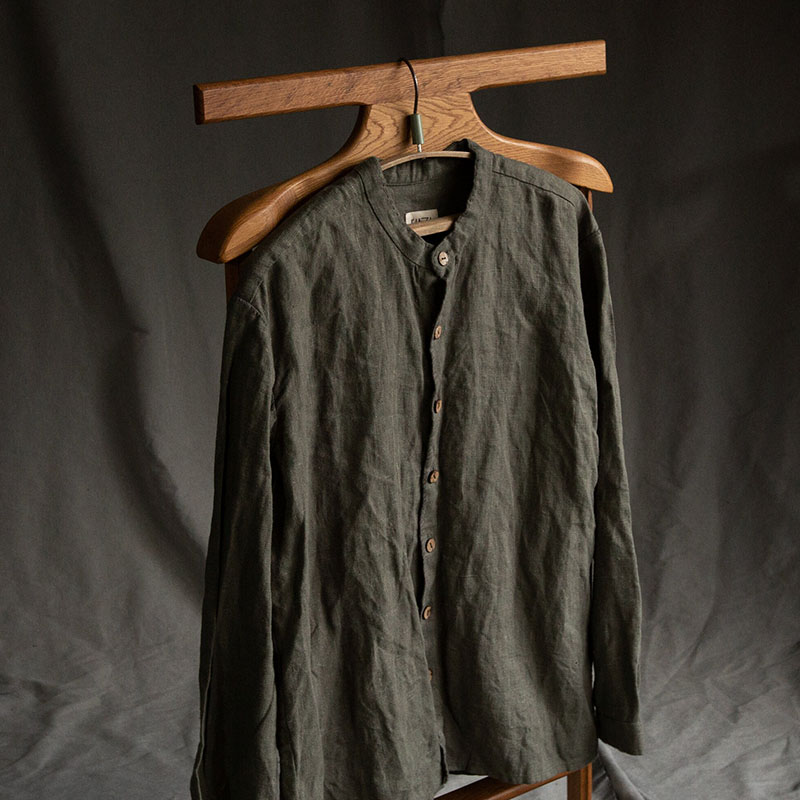 Men's Washed Olive Green Linen Long-Sleeved Shirt