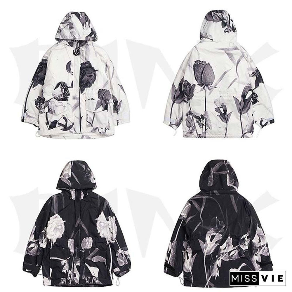 Dry Rose Pattern Print Shirt Hooded Coat