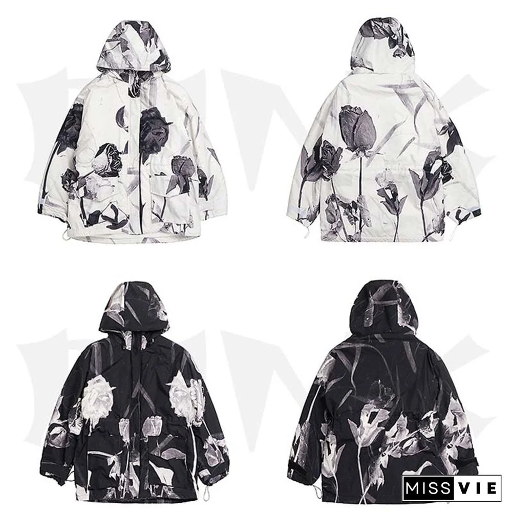 Dry Rose Pattern Print Shirt Hooded Coat