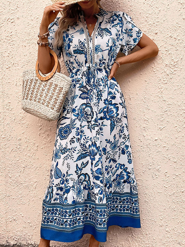 Women's 2024 Summer Floral Dress V-Neck Short Sleeve Beach Dress Holiday Maxi Dress
