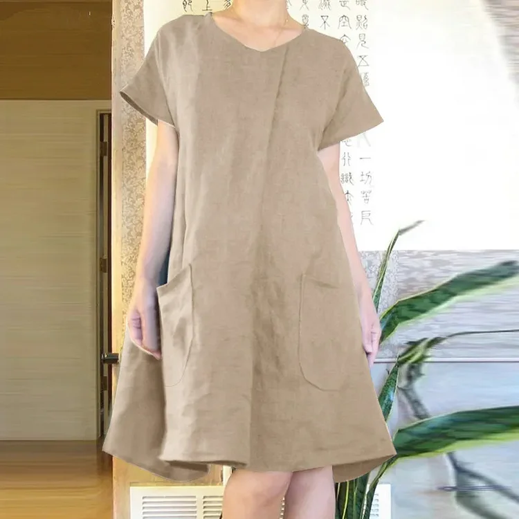 V-Neck Pocket Solid Color Elegant Short Sleeved Midi Dress