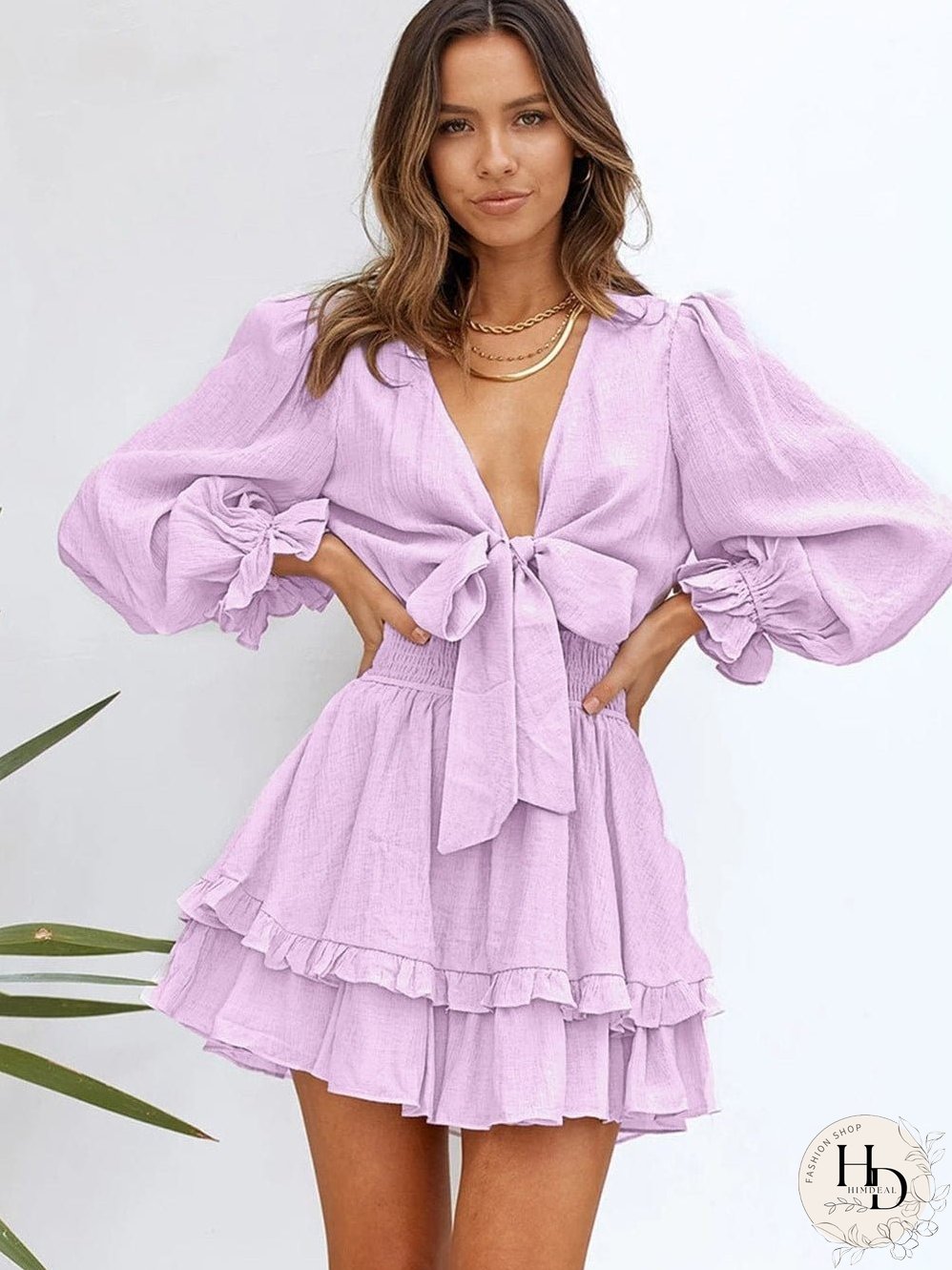 Lantern Sleeve Knotted Tiered Mini Dress with Deep V Neck
