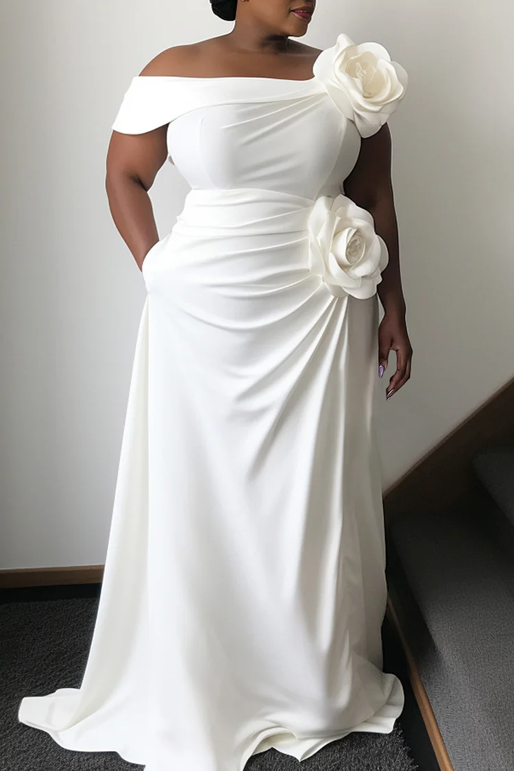 Xpluswear Design Plus Size Wedding White Elegant Asymmetrical Collar 3D Pocket Maxi Dresses