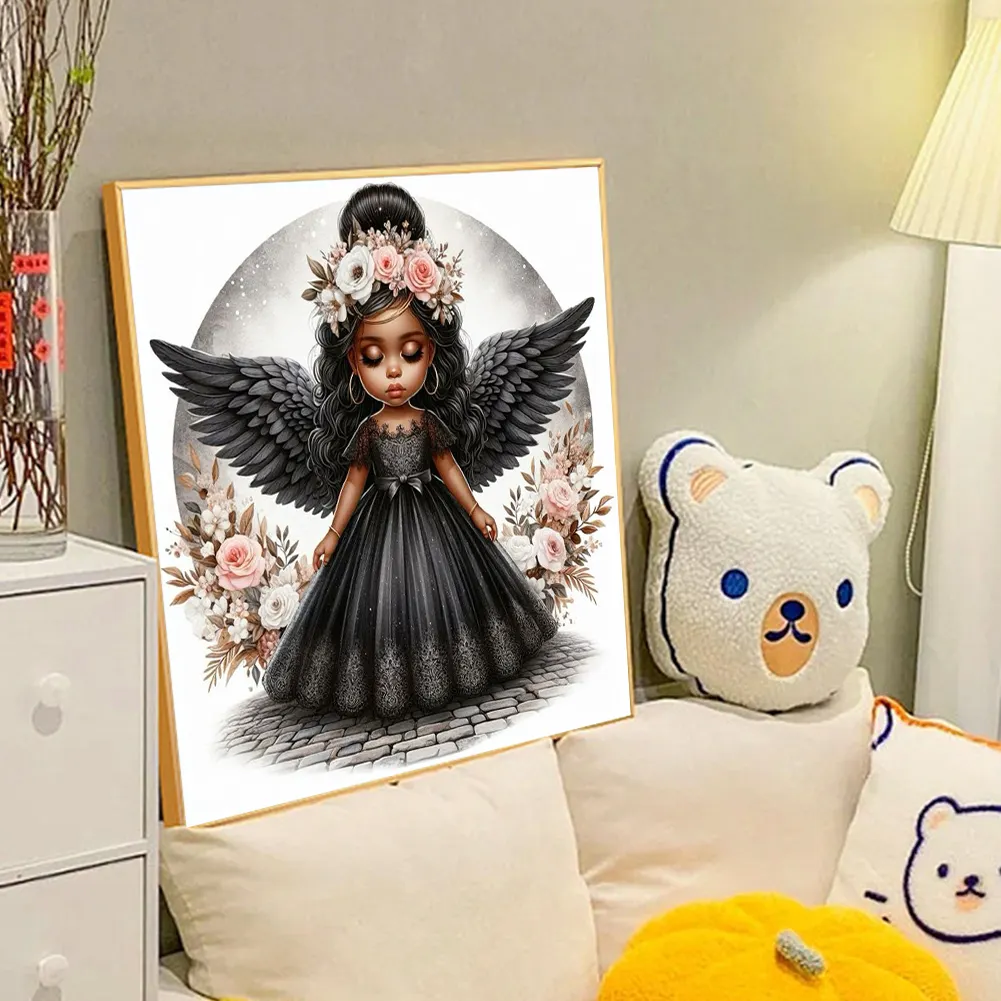 Diamond Painting - Full Round Drill - Black Angel Girl(Canvas|40*40cm)