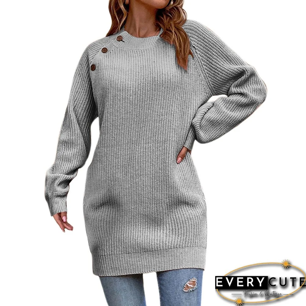 Gray Button Neckline Puff Sleeve Sweater with Pocket