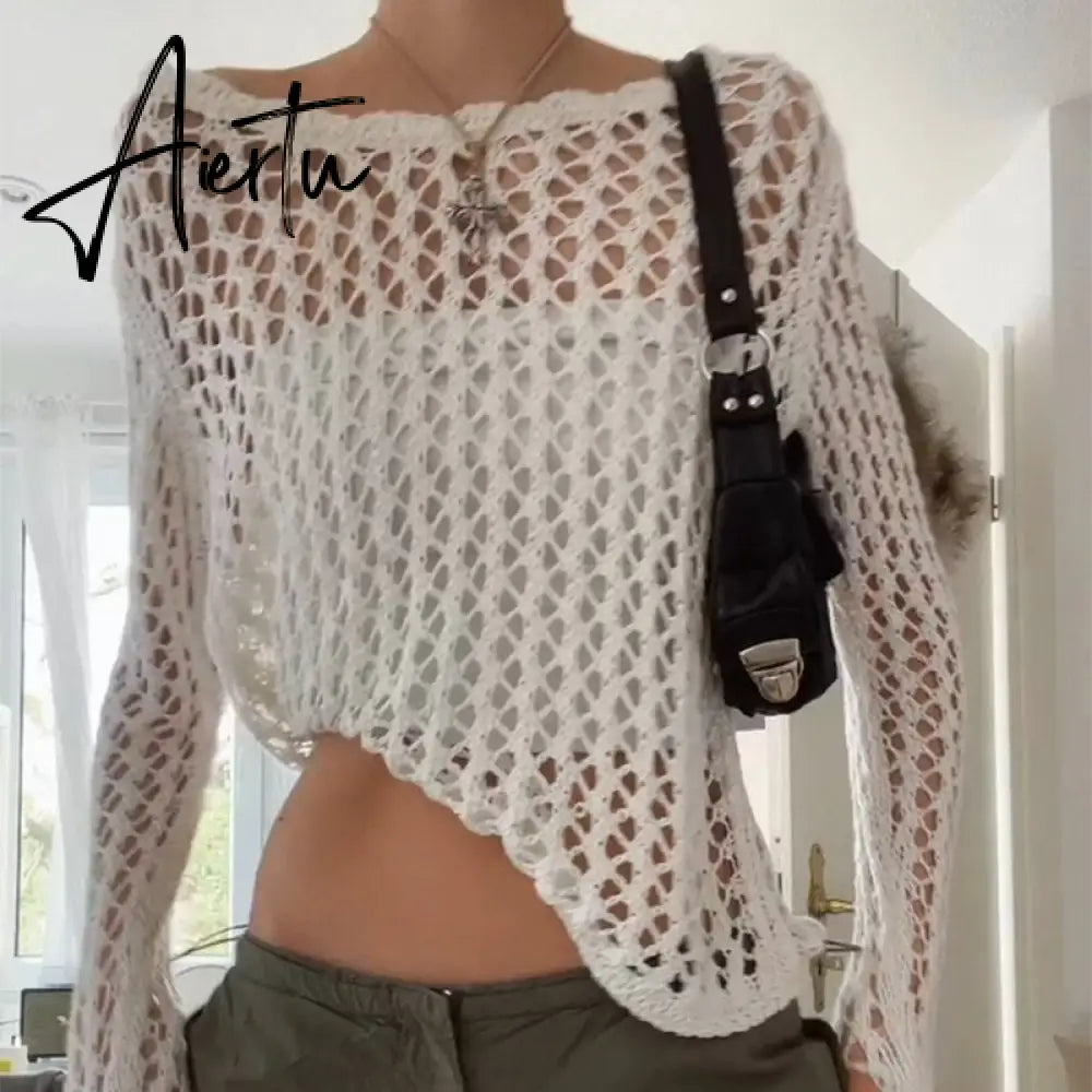 Y2k Vintage Knitted Beach Cover-Ups Hollow-Out Solid Color Long Sleeve O Neck See-through Oversized Women's T-Shirts Aiertu