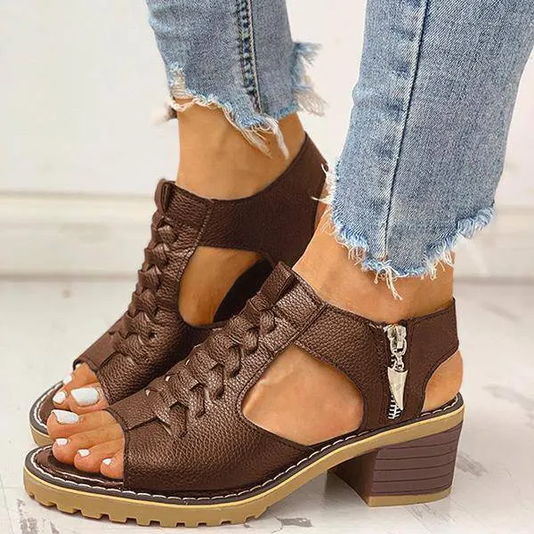Libiyi Peep Toe Cutout Zipper Chunky Heeled Sandals （get free shipping）